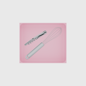 Wide tray organiser – 6×7 (177 × 206.5 mm) in Sakura Pink, shown with a whisk and a corkscrew. Top view.