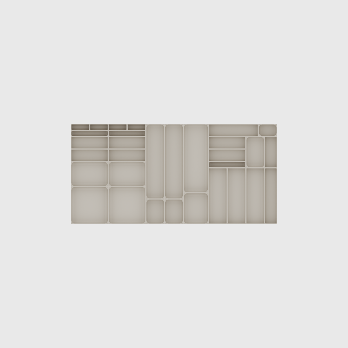 Wide Cutlery & Kitchen Tools Drawer Organiser Set – 973.5 × 472 mm in Muted White, empty organiser layout.