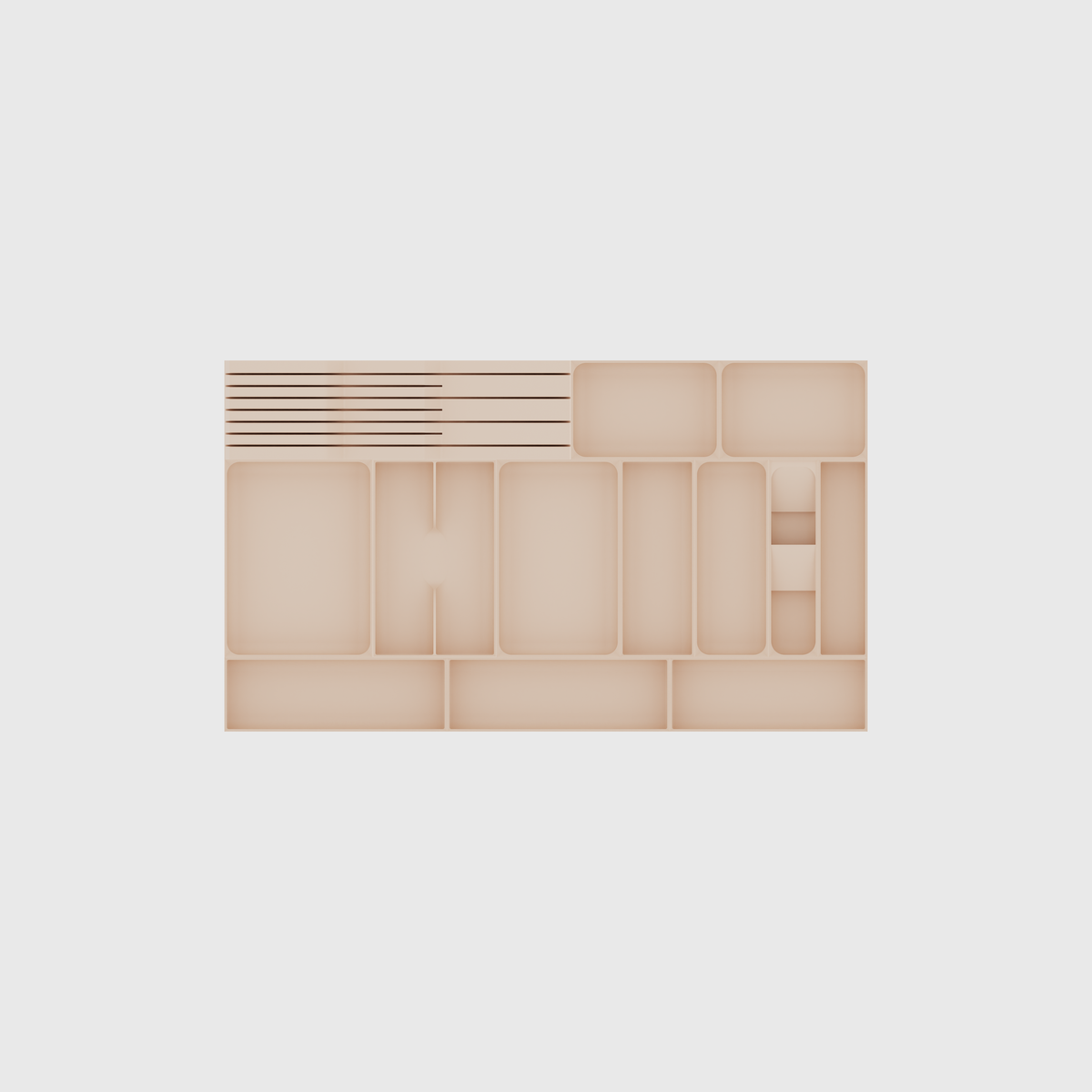 Wide Cutlery, Chef Knives & Kitchen Tools Drawer Organiser Set – 767 × 442.5 mm in Army Beige, empty organiser layout.