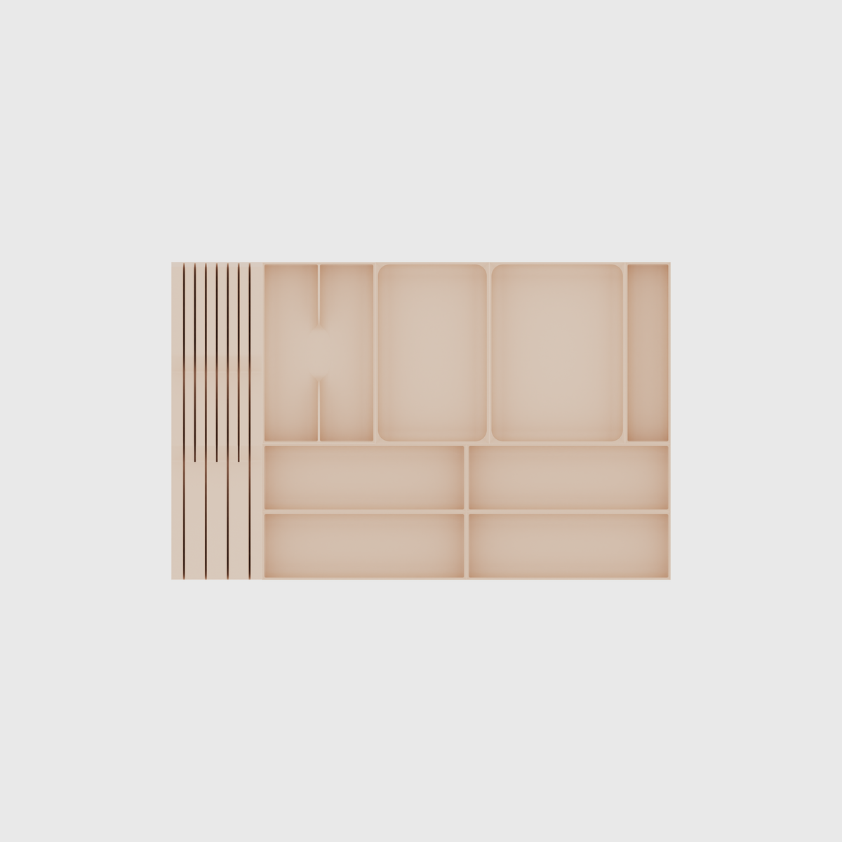 Wide Cutlery & Knife Drawer Organiser Set – 649 × 413 mm in Army Beige, empty organiser layout.