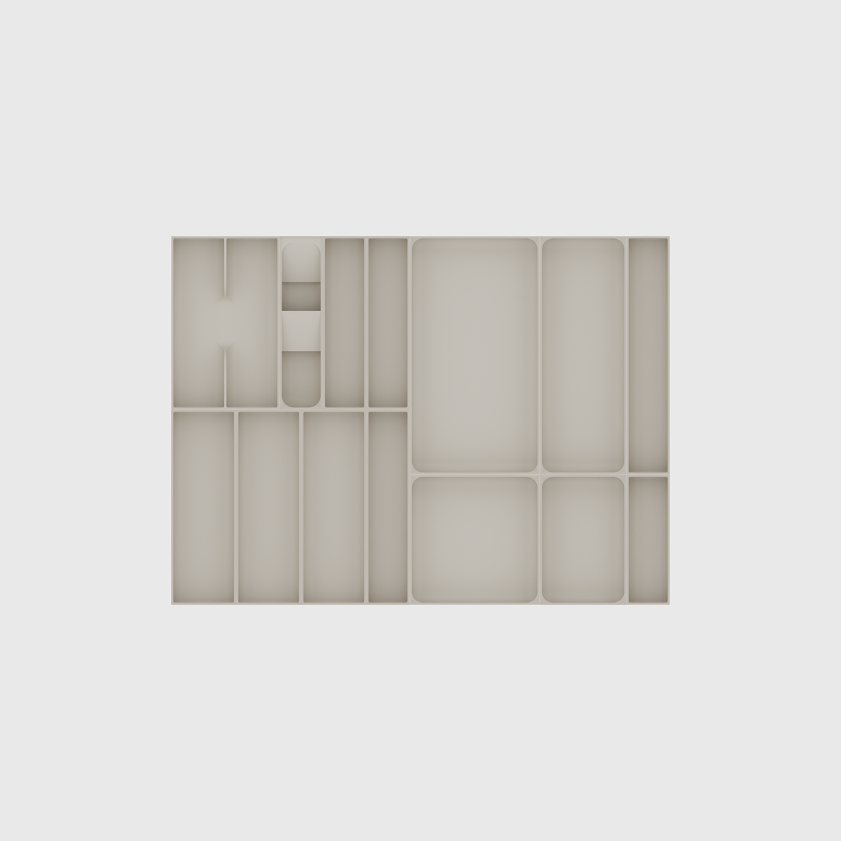 Wide Cutlery & Serving Tool Drawer Organiser Set – 678.5 × 501.5 mm in Muted White, empty organiser layout.
